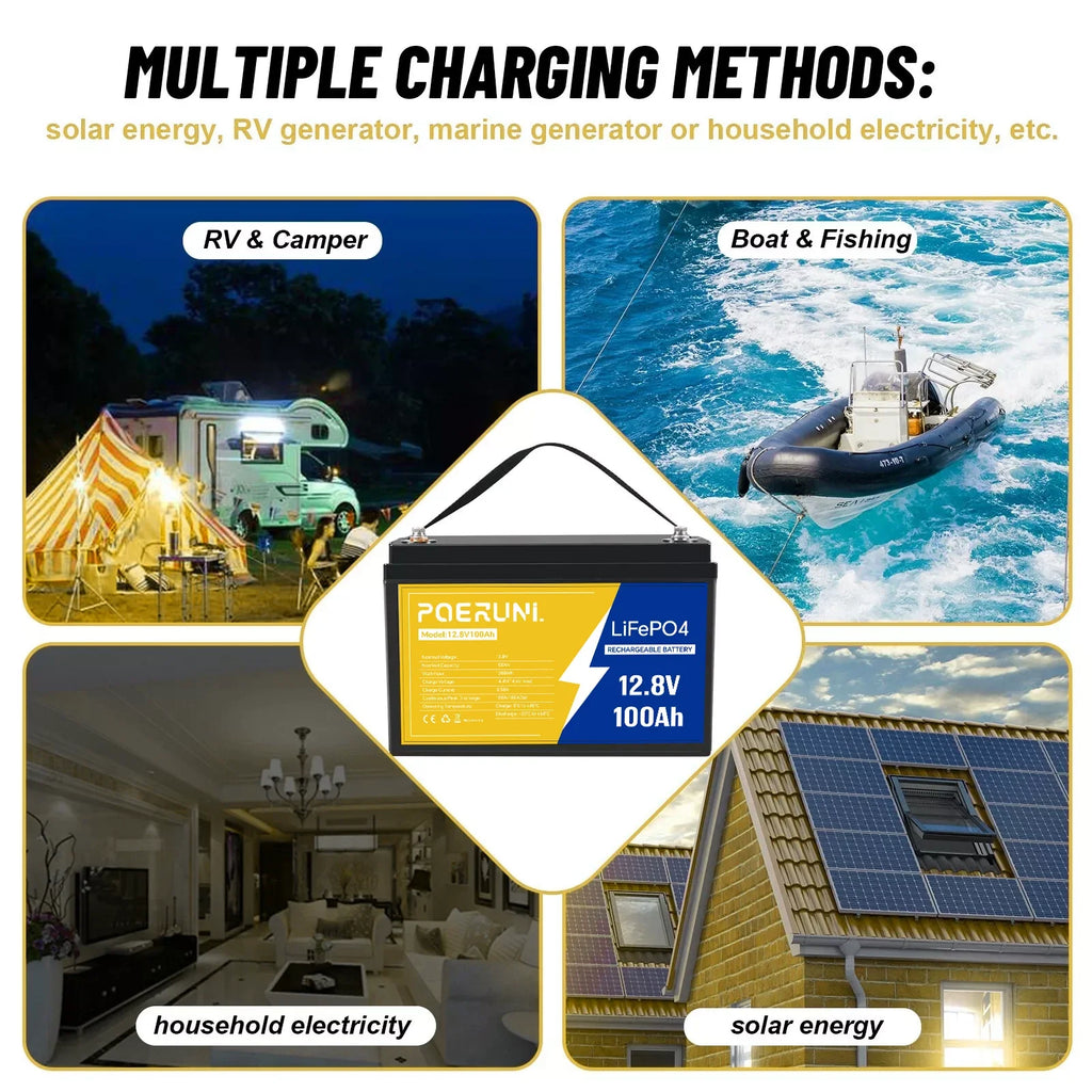 POERUNI 12V 100Ah LiFePO4 Battery Deep Cycle Lithium Iron for RV Solar System Camper