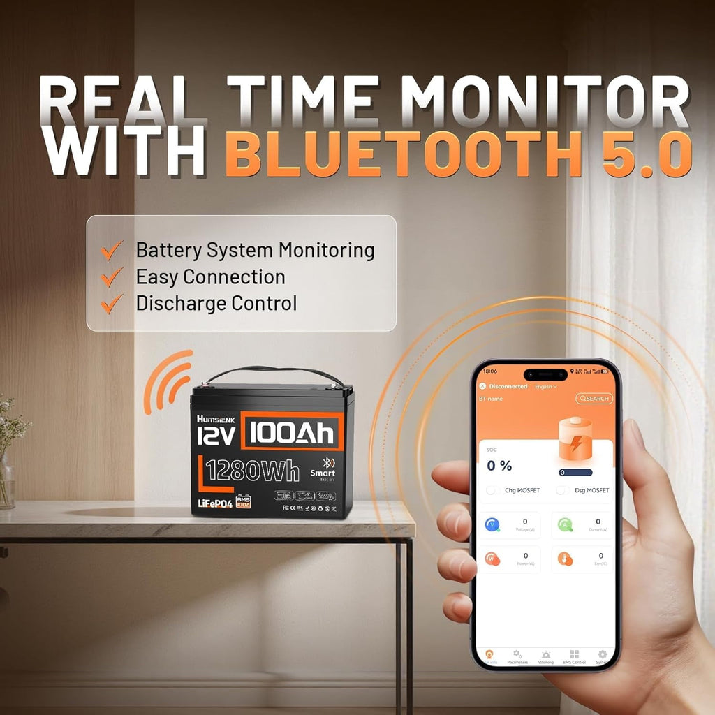 HumsiENK 12V 100Ah LiFePO4 Group 24 Battery with Bluetooth | 100A BMS & Low-Temp Cutoff for Trolling Motor, RV & Marine Use