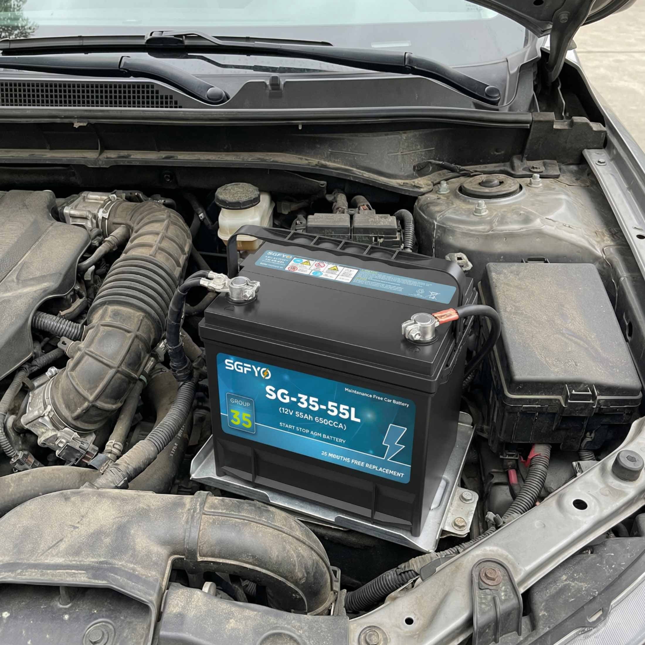 SGFYO Group Size 35 Car Battery,12V 55Ah 650CCA 88RC,AGM Maintenance Free Start Stop Automotive Replacement Battery