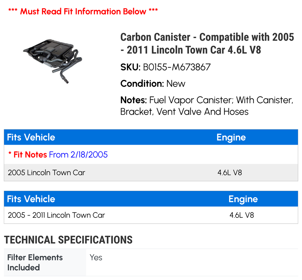 Carbon Canister - Compatible with 2005 - 2011 Lincoln Town Car 4.6L V8 2006 2007 2008 2009 2010