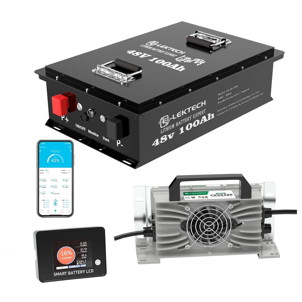 48V 100Ah Lithium Golf Cart Battery with Charger, Touch Monitor & Mobile APP, Built-in 200A BMS, Perfect for Golf Cart, RV, Solar