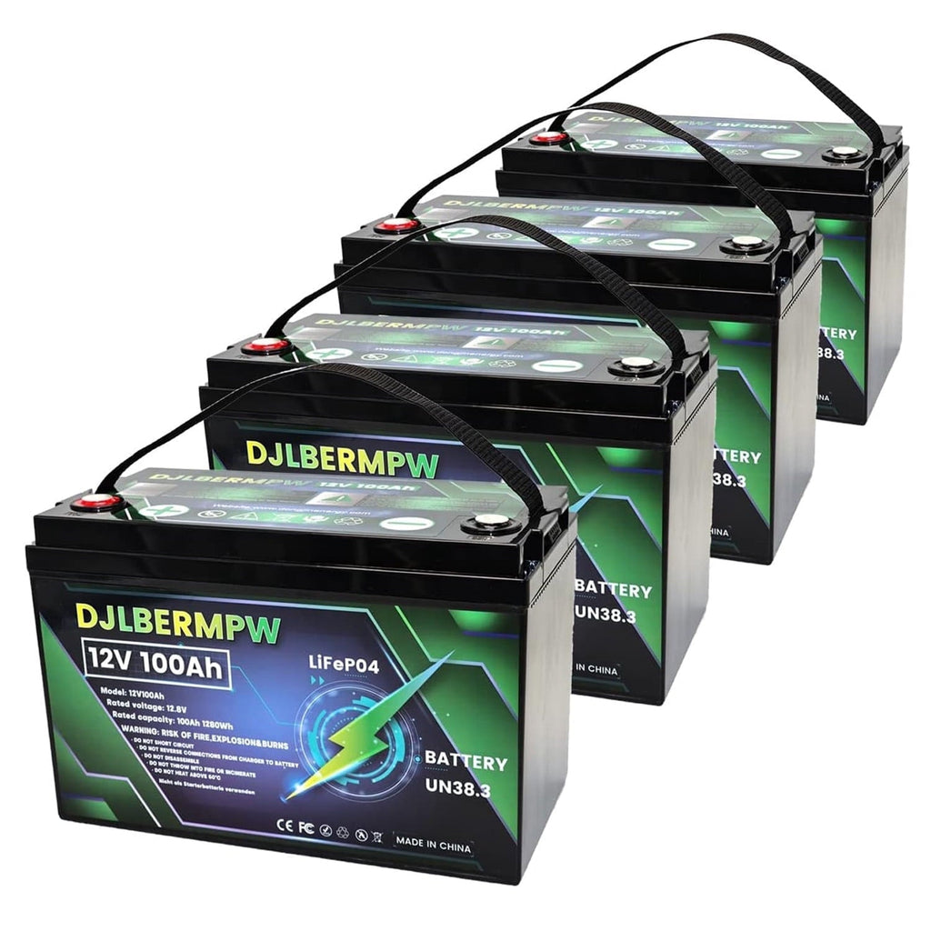 4Pack 12V 100Ah LiFePO4 Lithium Battery, DJLBERMPW 15000+ Deep Cycle Battery 100A BMS for 3HP Golf Cart, Marine, Backup Power, Solar System
