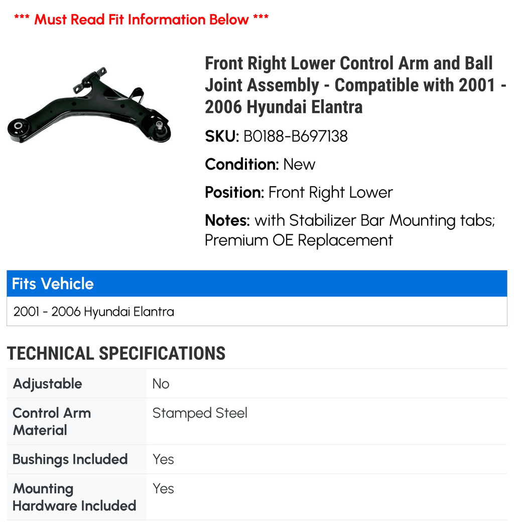 Front Right Lower Control Arm and Ball Joint Assembly - Compatible with 2001 - 2006 Hyundai Elantra - Moog