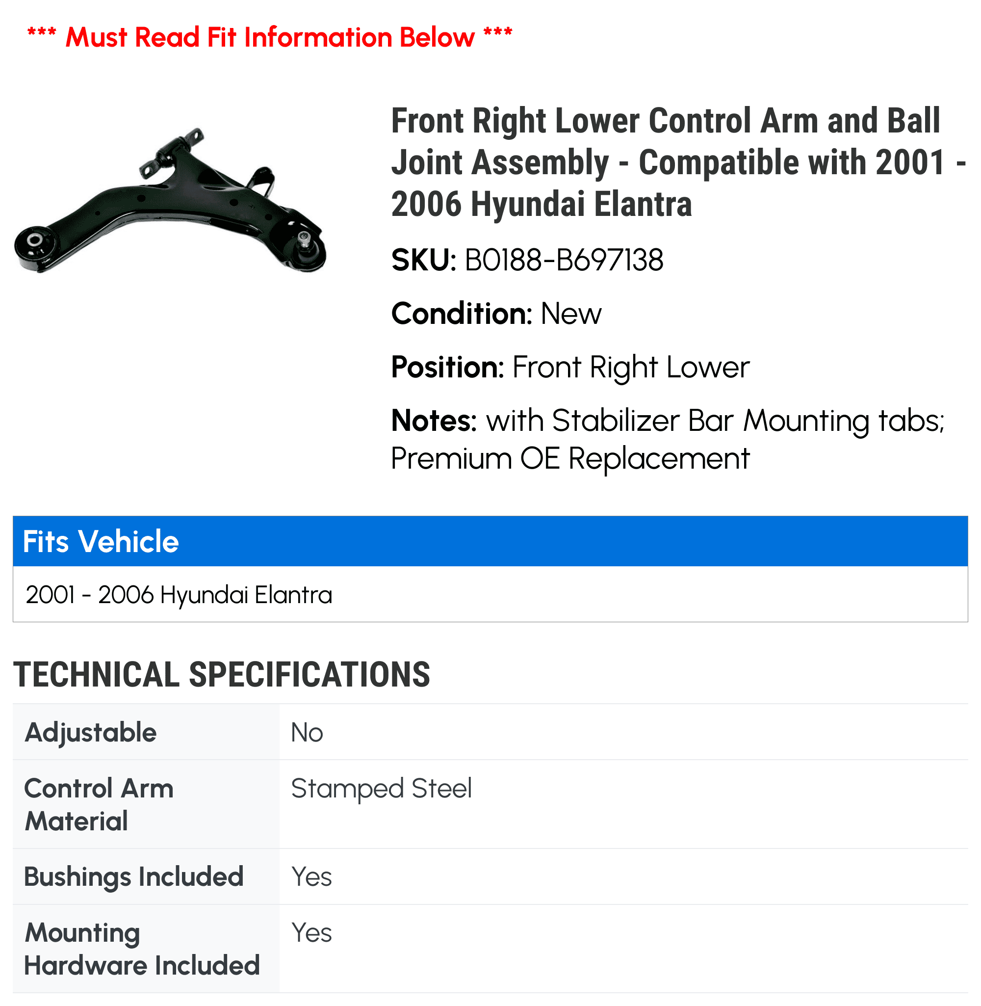 Front Right Lower Control Arm and Ball Joint Assembly - Compatible with 2001 - 2006 Hyundai Elantra - Moog