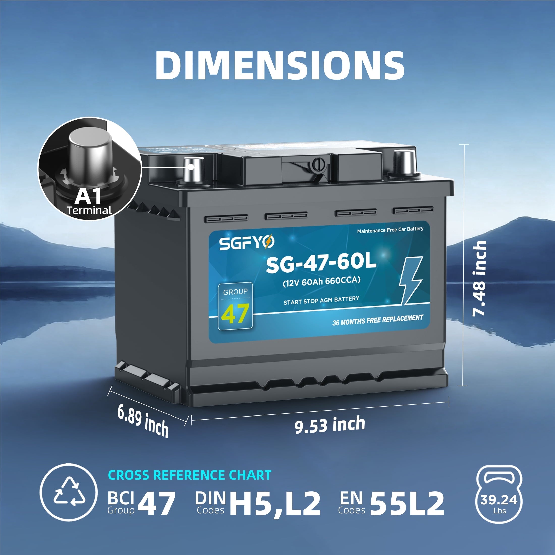 SGFYO Group Size 35 Car Battery,12V 55Ah 650CCA 88RC,AGM Maintenance Free Start Stop Automotive Replacement Battery