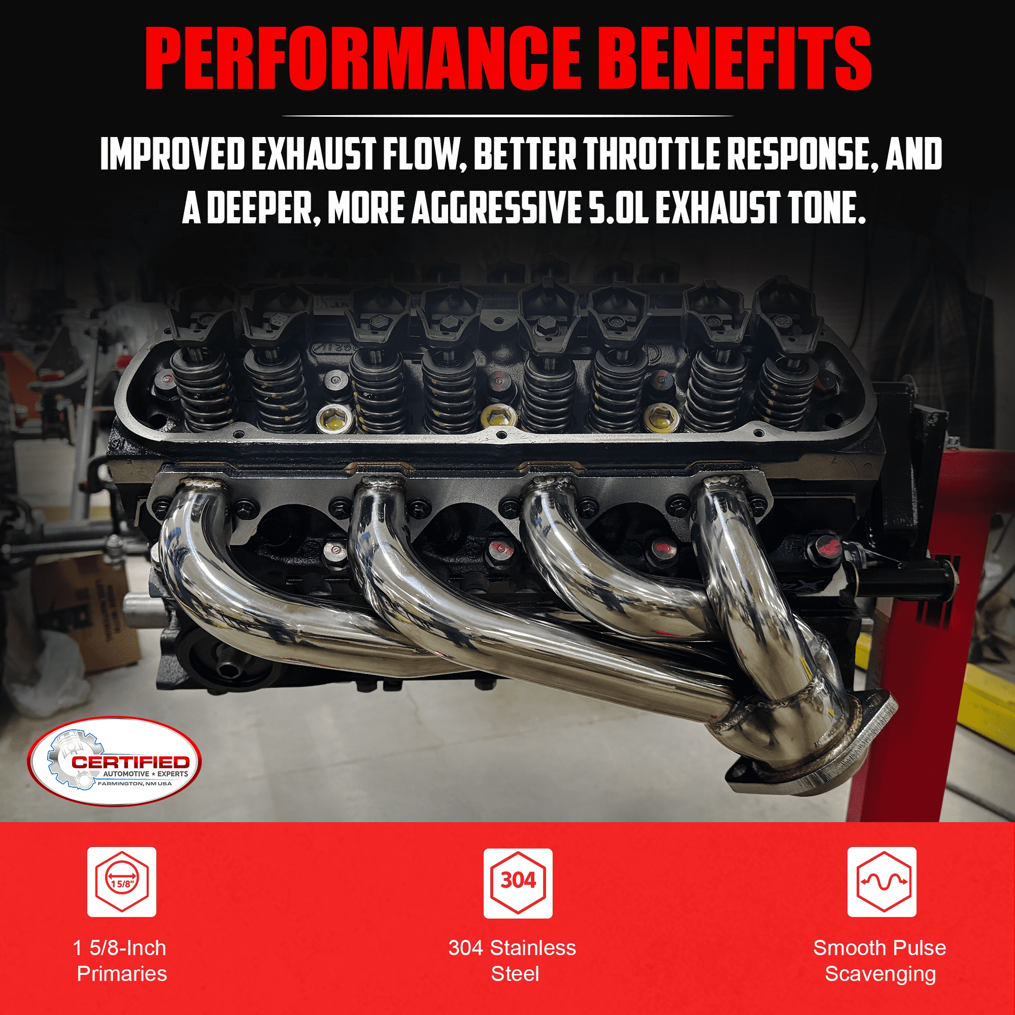 Polished 304 Stainless Steel Shorty Headers for 1979 1993 Ford Mustang 5.0L V8 Fox Body GT LX Upgraded Copper Gaskets Direct Bolt On Exhaust Manifold (Shorty Headers)