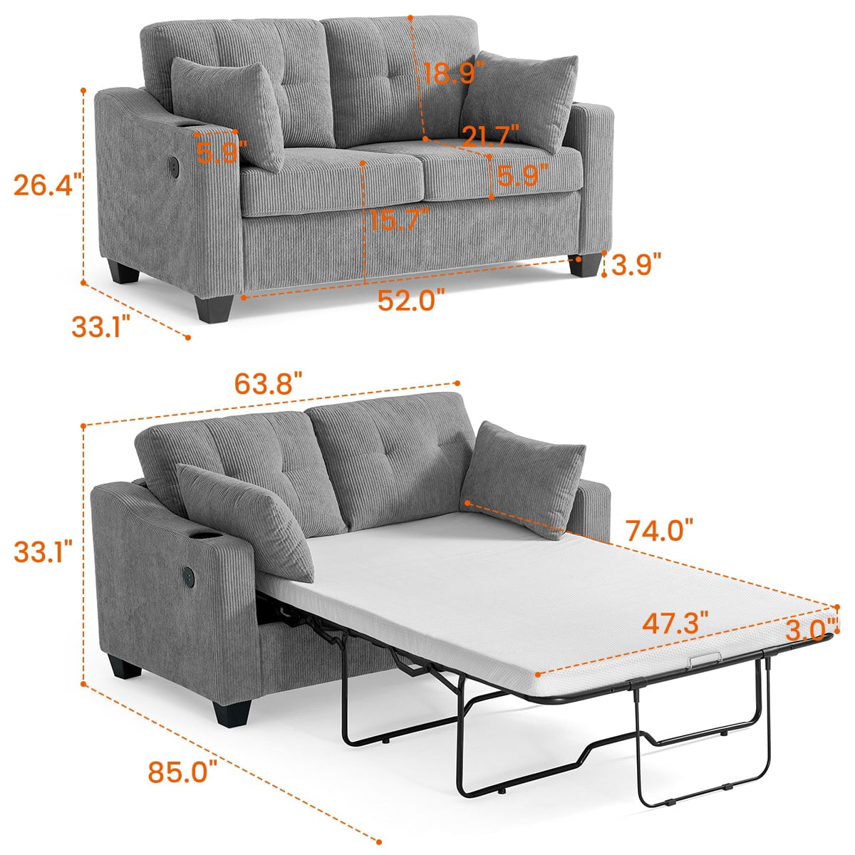 CHIC HOUSE Pull Out Sofa Bed Couch Queen Size with Mattress USB, Convertible Sleeper Sofa Loveseat for Small Spaces RV, Corduroy Pull Out Couch Bed for Living Room with Cup Holders LED Lights, Beige