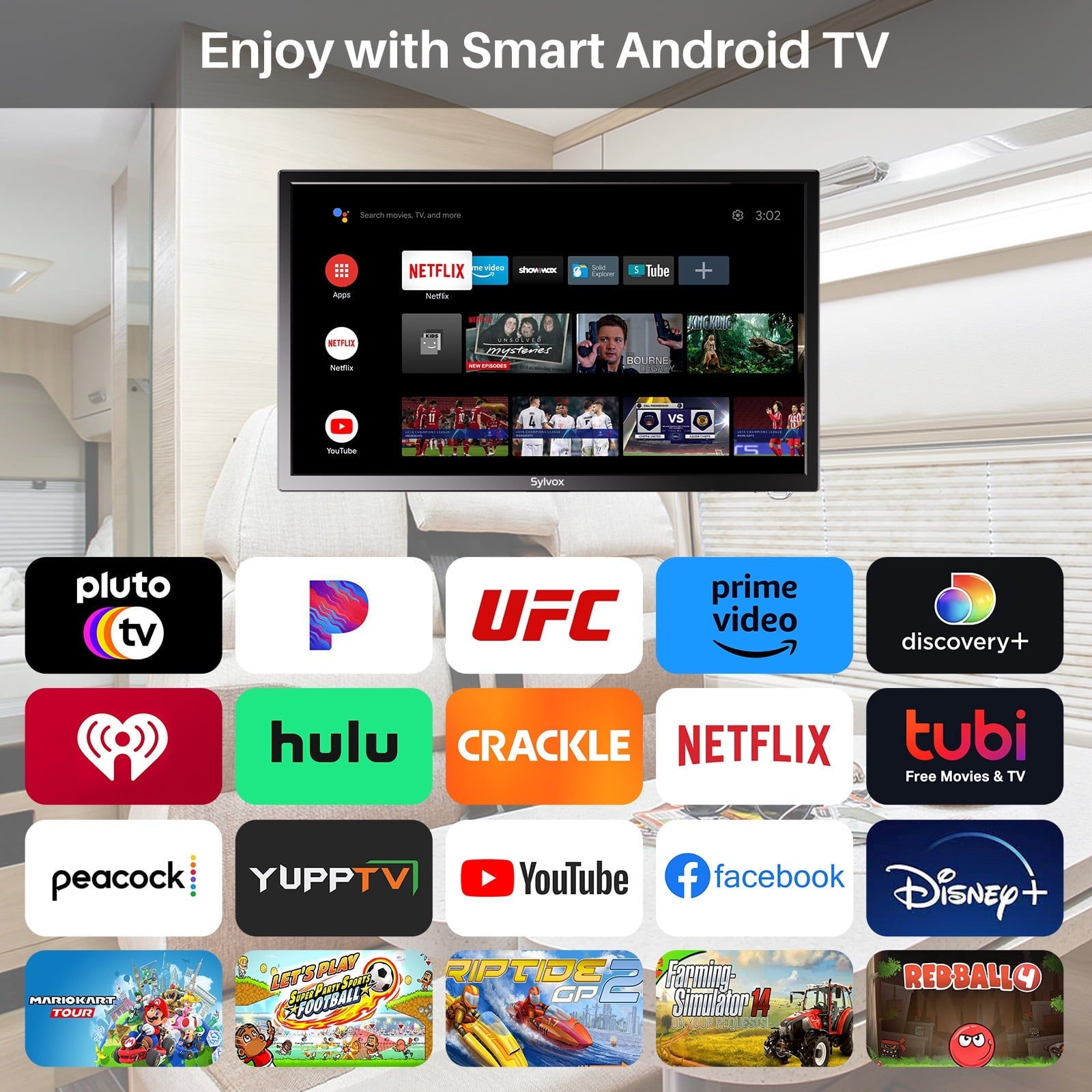 SYLVOX 27 Smart RV TV with Wall Mount, 12 Volt TV with Built-in DVD Player, 1080P Google OS ATSC NTSC WiFi Bluetooth HDMI USB, AC/DC Powered, for RV Camper Van (Trailer Series)
