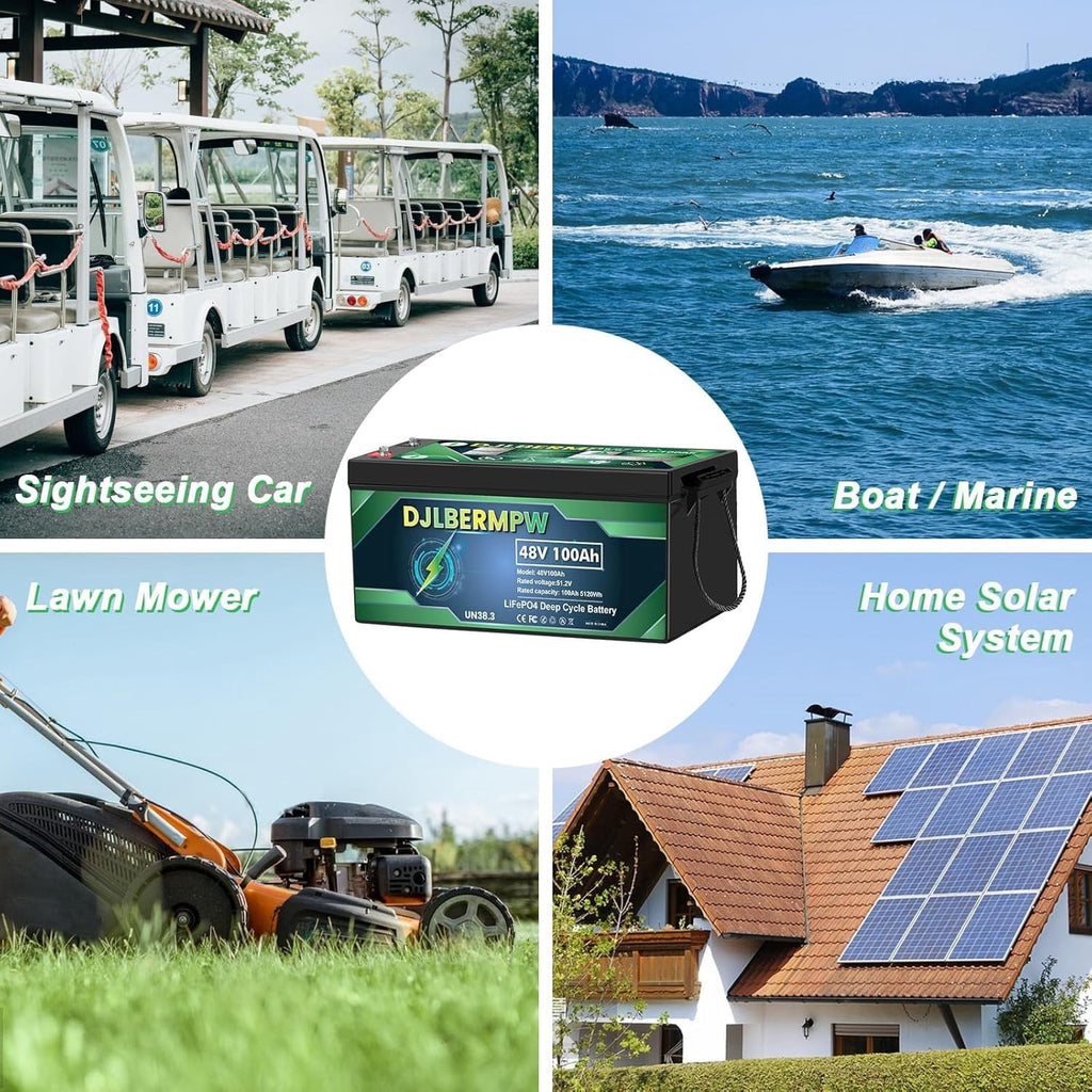 DJLBERMPW 48V 100Ah LiFePO4 Lithium Battery 5120Wh, Built-in Smart 100A BMS 15000 Deep Cycles Grade-A Cells for Golf Cart, Trolling Motor, Marine, RV, Solar