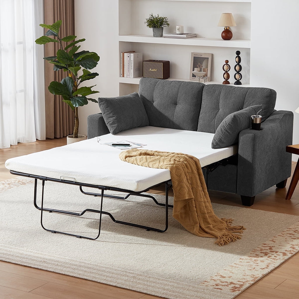 CHIC HOUSE Pull Out Sofa Bed Couch Queen Size with Mattress USB, Convertible Sleeper Sofa Loveseat for Small Spaces RV, Corduroy Pull Out Couch Bed for Living Room with Cup Holders LED Lights, Beige