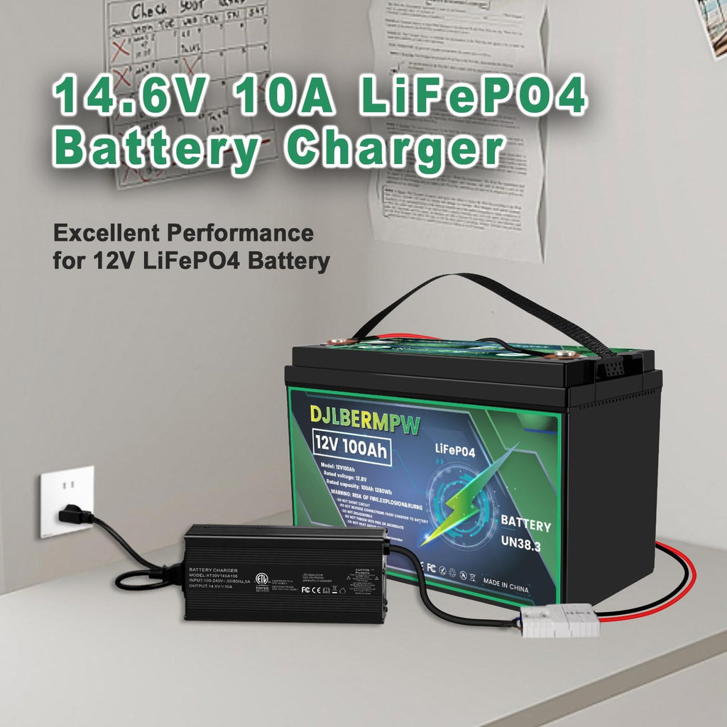 4Pack 12V 100Ah LiFePO4 Lithium Battery, DJLBERMPW 15000+ Deep Cycle Battery 100A BMS for 3HP Golf Cart, Marine, Backup Power, Solar System