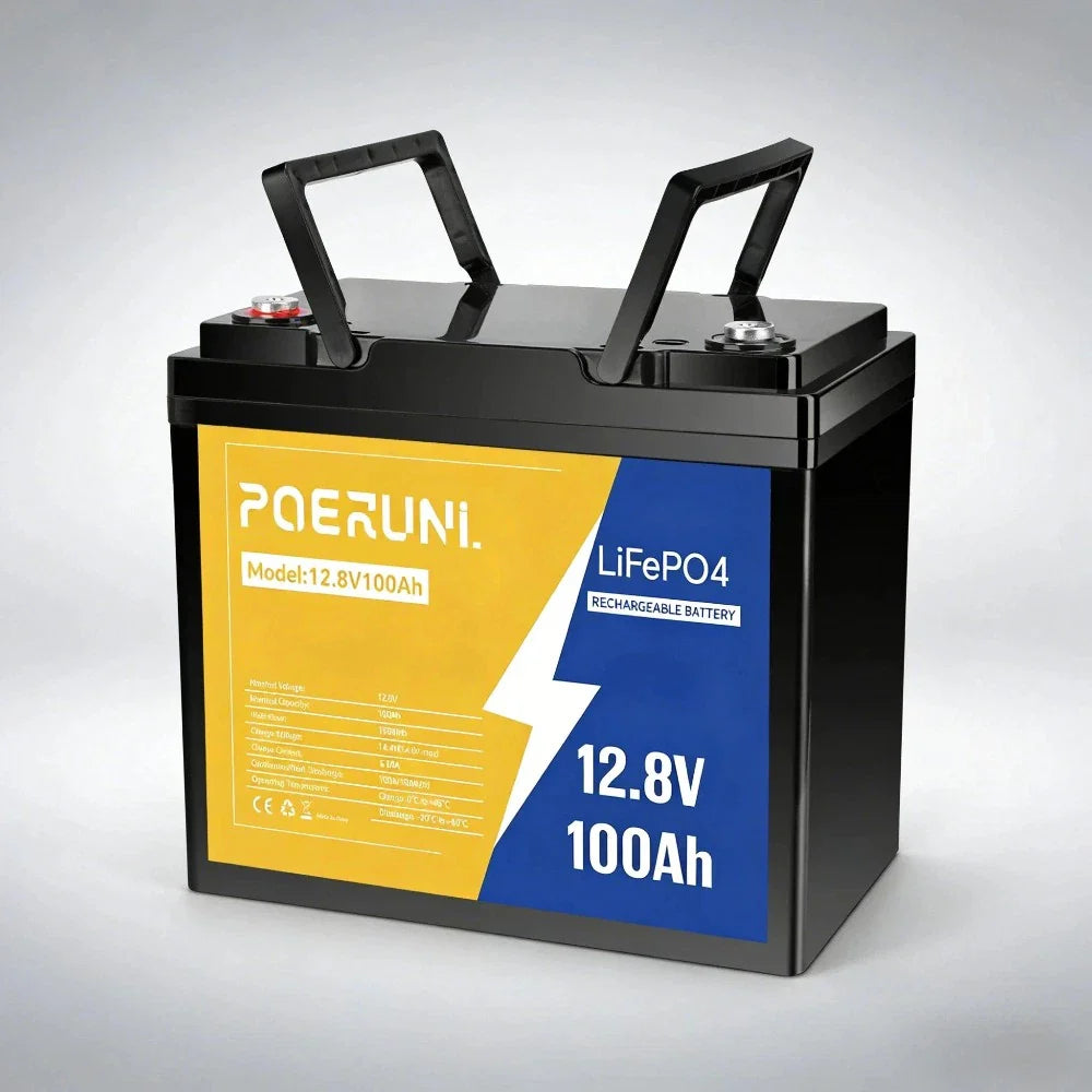 POERUNI 12V 100Ah LiFePO4 Lithium Battery Built-in BMS Cycle Deep for Solar RV Off-grid