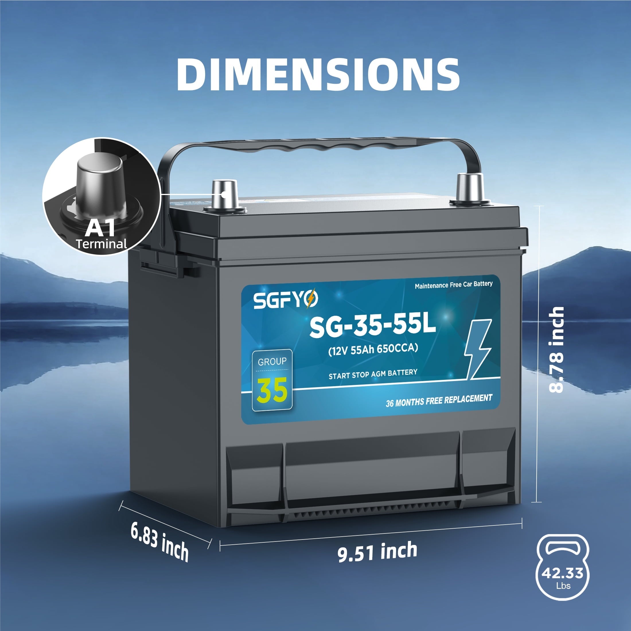 SGFYO Group Size 35 Car Battery,12V 55Ah 650CCA 88RC,AGM Maintenance Free Start Stop Automotive Replacement Battery