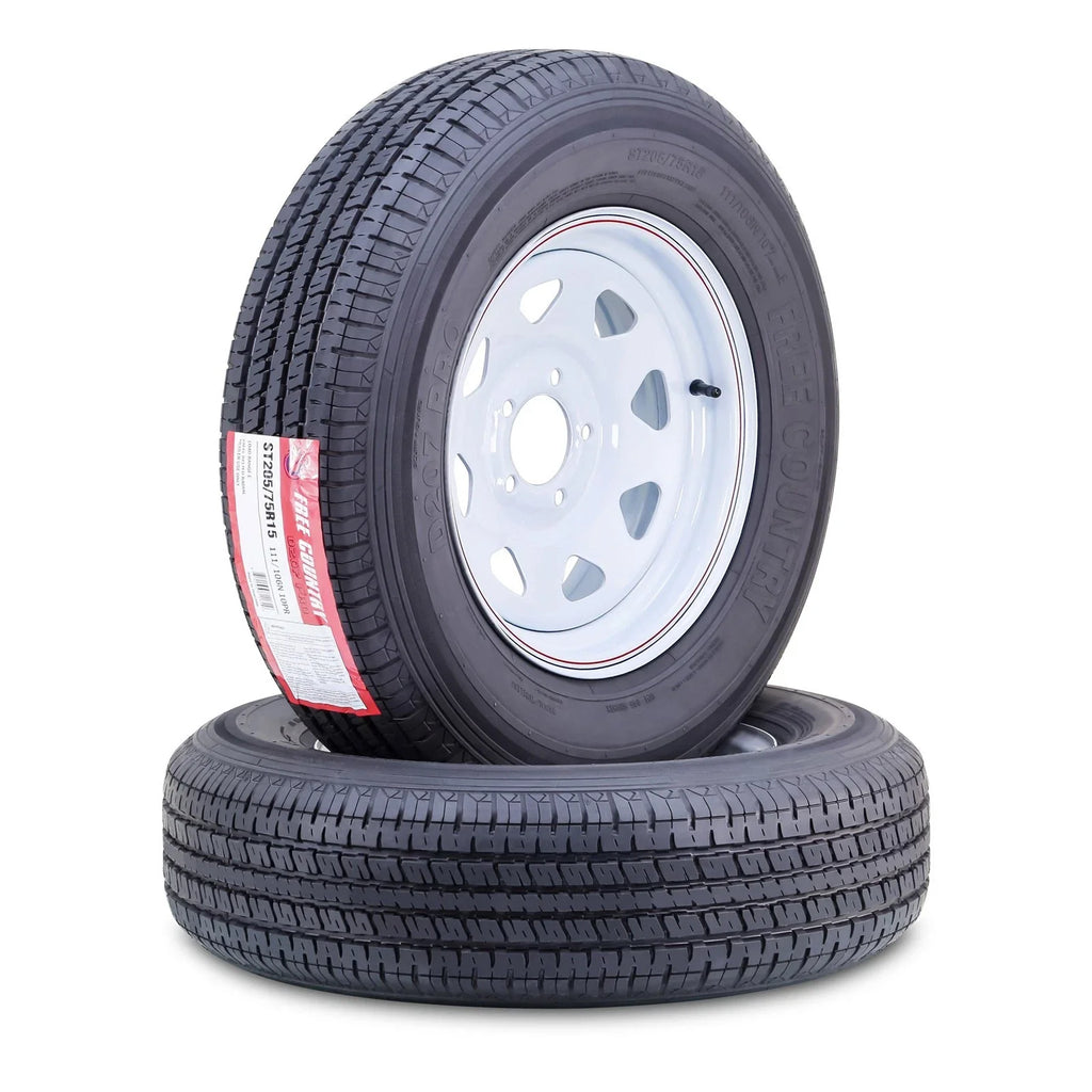 FREE COUNTRY Trailer Tire Wheel Assembly ST205/75R15 10-Ply E 110M Heavy Duty 2400lbs w/ 5 Lug on 4.5 PCD White Spoke Rim ,SET 2