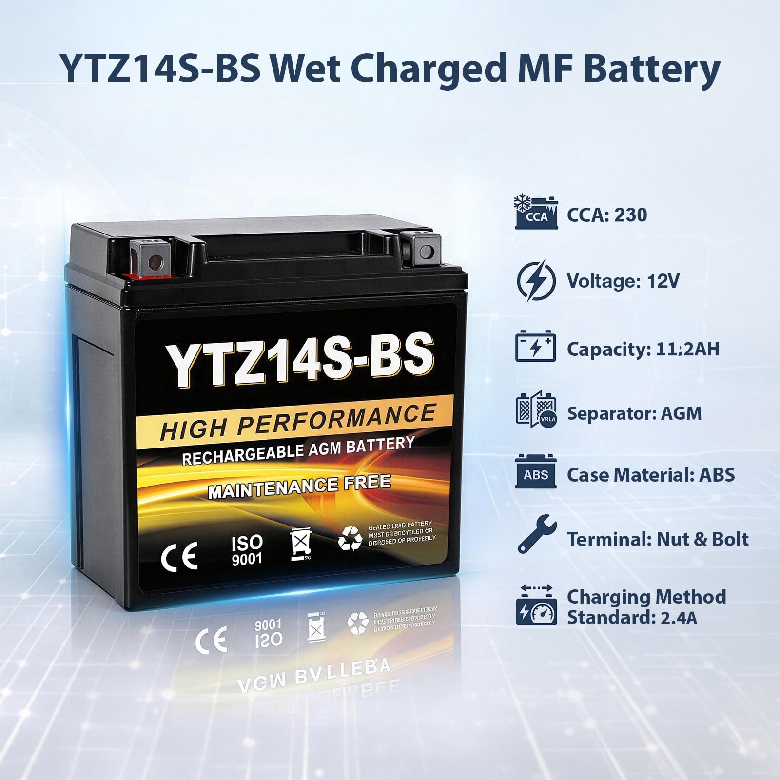 Anlibatt YTX14-BS Motorcycle Battery 12V 12Ah 200CCA Rechargeable Sealed Batteries Powersport Replacement for ATV, Scooter, Jet ski, Dirt Bike
