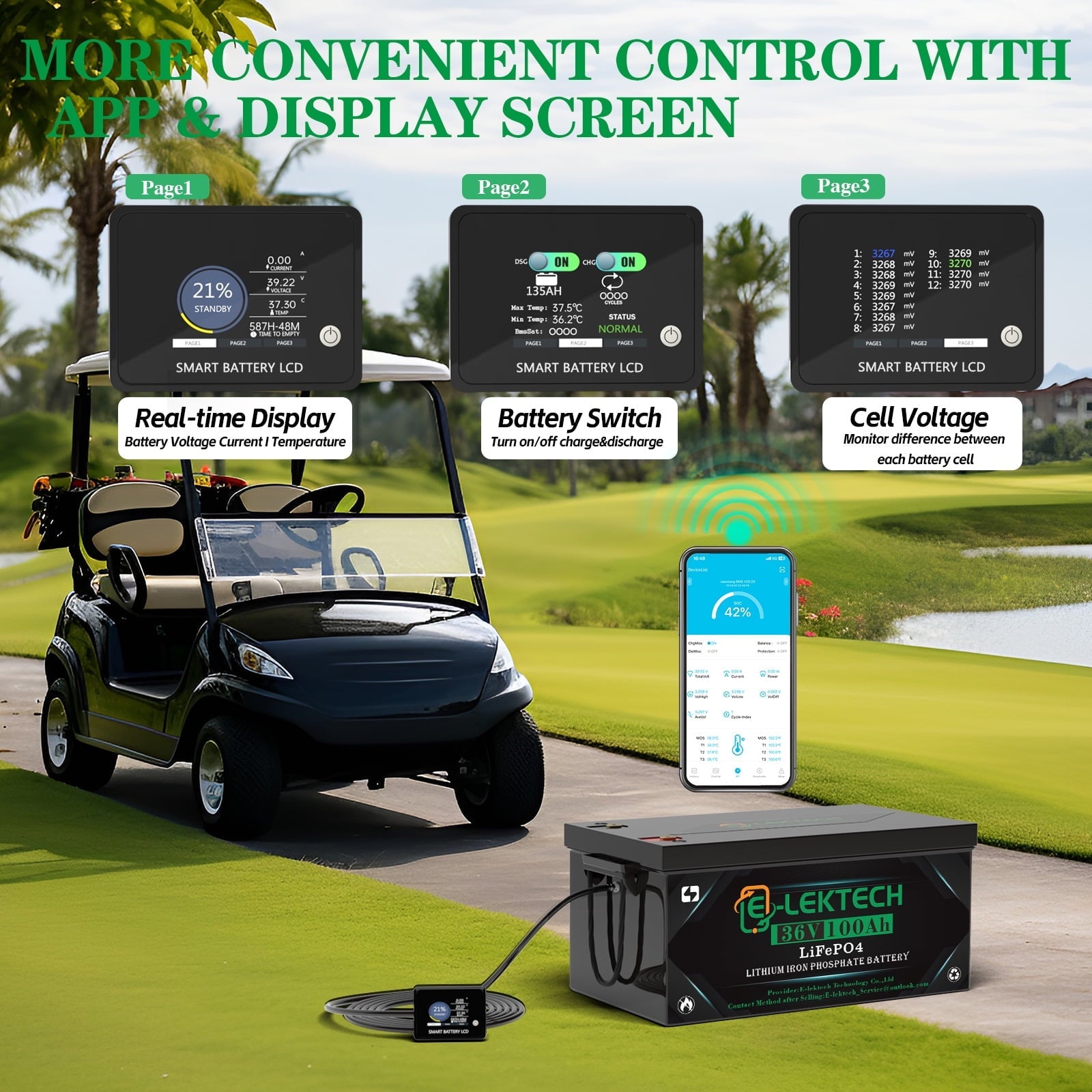 36V 100Ah Lithium Golf Cart Battery, with Touch Monitor & Mobile APP, 200A BMS, 3840Wh Energy, Perfect for Golf Carts, Solar