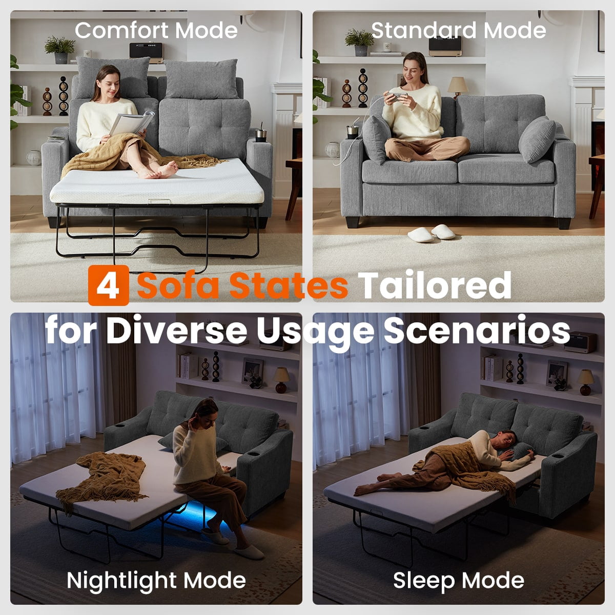 CHIC HOUSE Pull Out Sofa Bed Couch Queen Size with Mattress USB, Convertible Sleeper Sofa Loveseat for Small Spaces RV, Corduroy Pull Out Couch Bed for Living Room with Cup Holders LED Lights, Beige