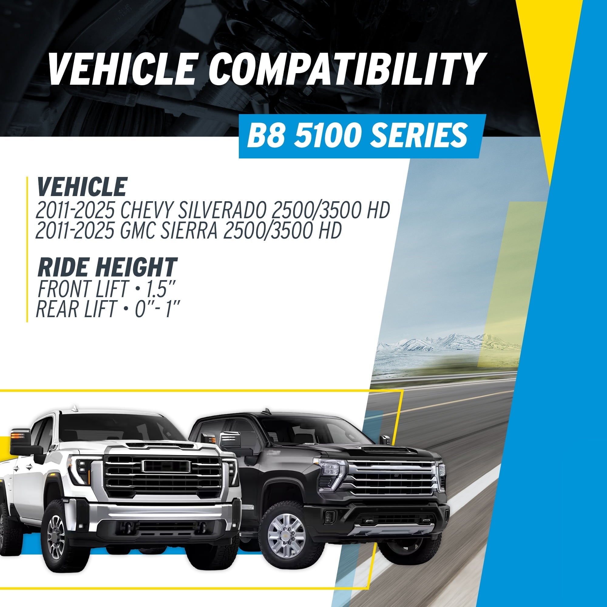 Bilstein Set of Front and Rear B8 5100 Series Shocks with Steering Stabilizer Compatible with 2011-2016 Silverado / Sierra 2500 / 3500 HD with 1.5 Front & 0-1 Rear Lift
