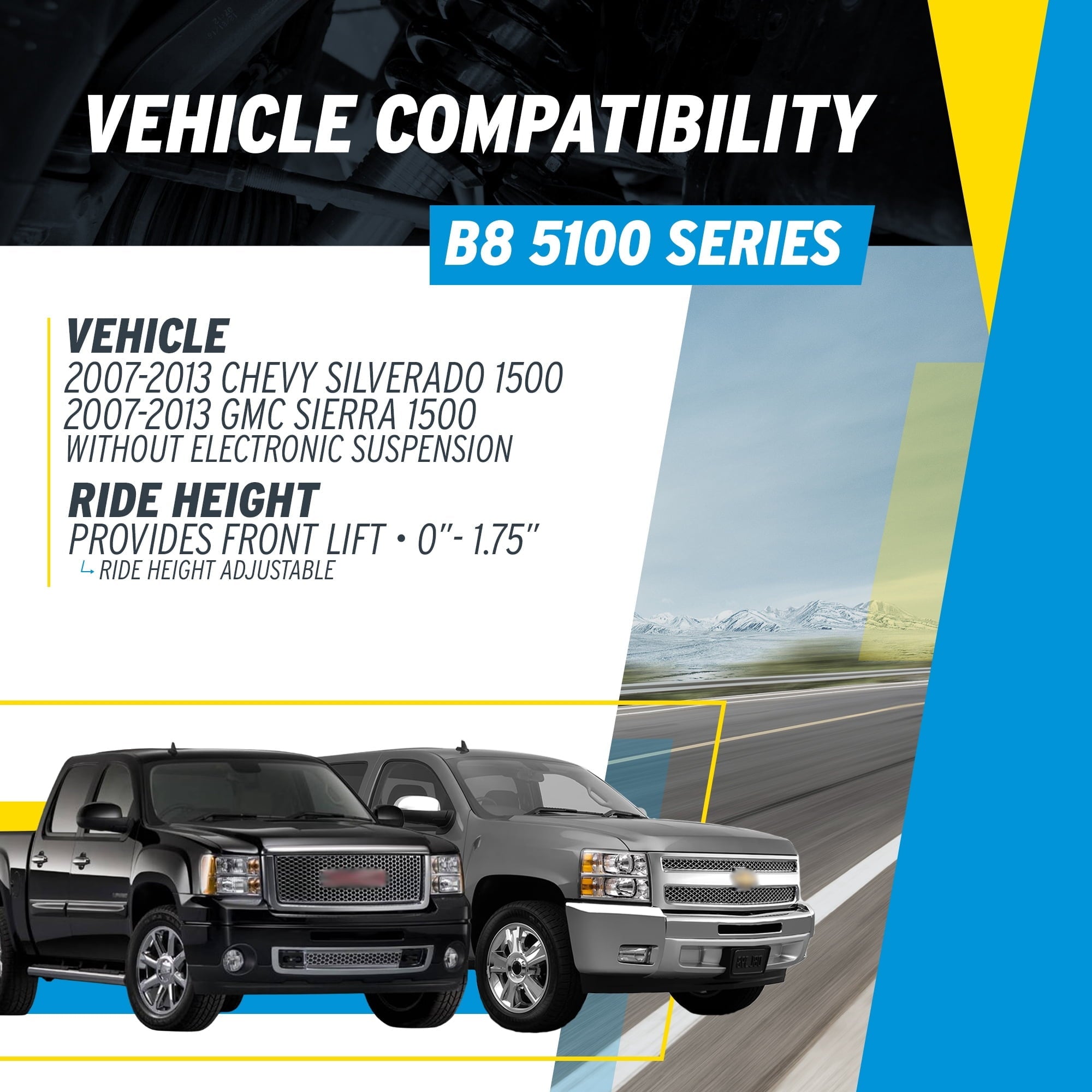 Bilstein Pair of Front B8 5100 Ride Height Adjustable Series Shocks Compatible with 2007-2013 Silverado / Sierra 1500 w/o Electronic Suspension Provides 0-1.75 Front Lift