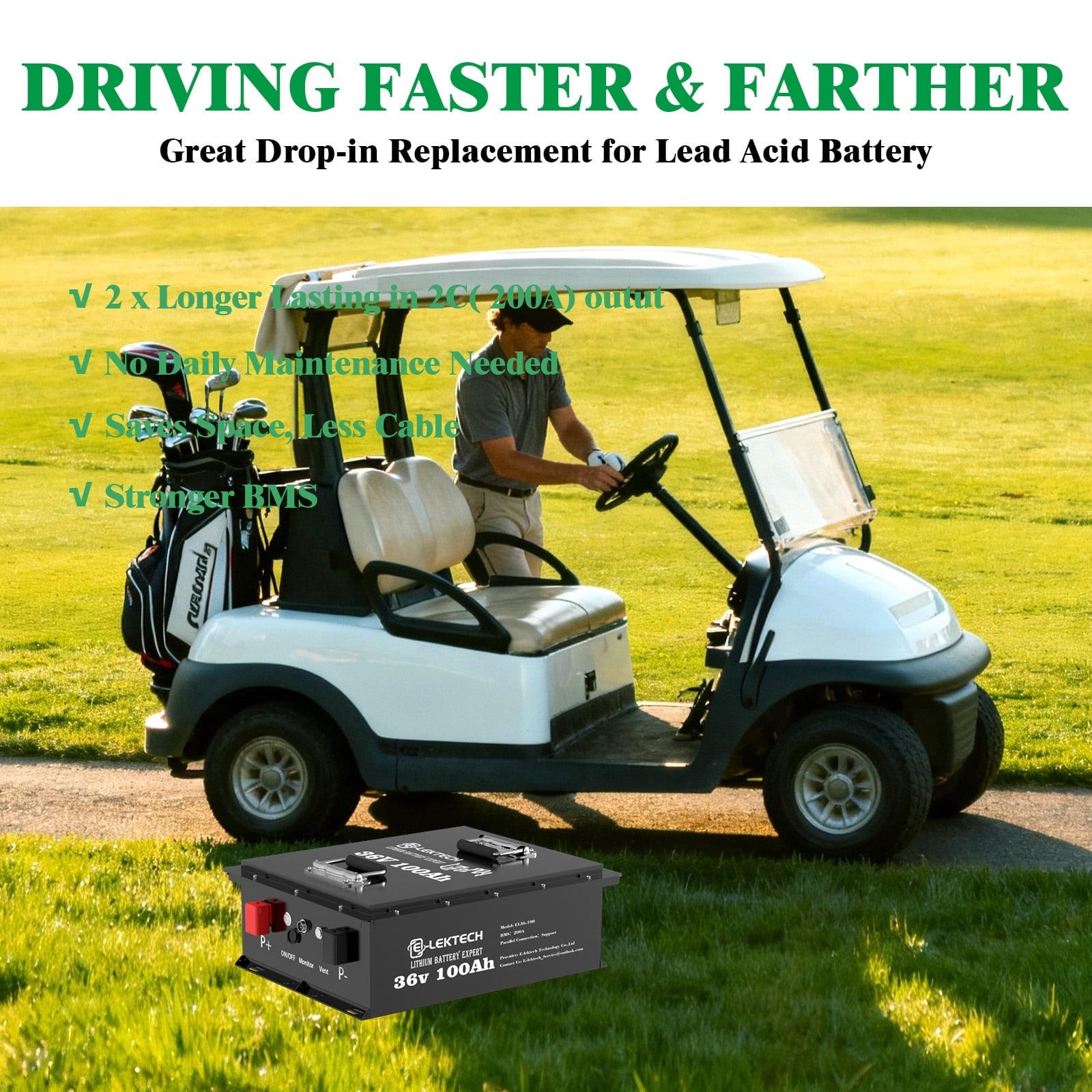 36V 100Ah Lithium Golf Cart Battery, with Touch Monitor & Mobile APP, 200A BMS, 3840Wh Energy, Perfect for Golf Carts, Solar