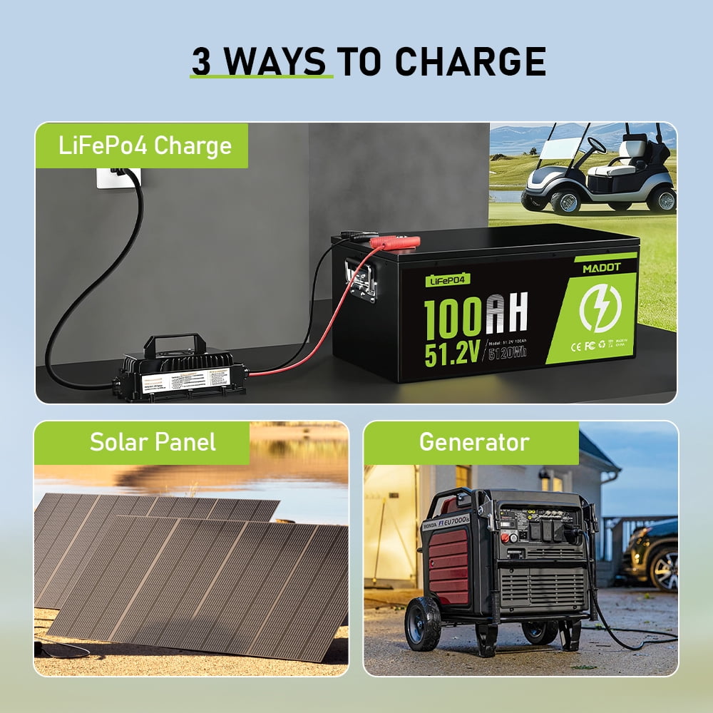 Lifepo4 Battery 100Ah 48V Lithium Golf Cart Battery 200A Smart BMS, 5.12kWh Capacity, 15000+ Cycles Deep Cycle, Perfect Golf Cart Batteries for Solar, RV and Off-Grid Use