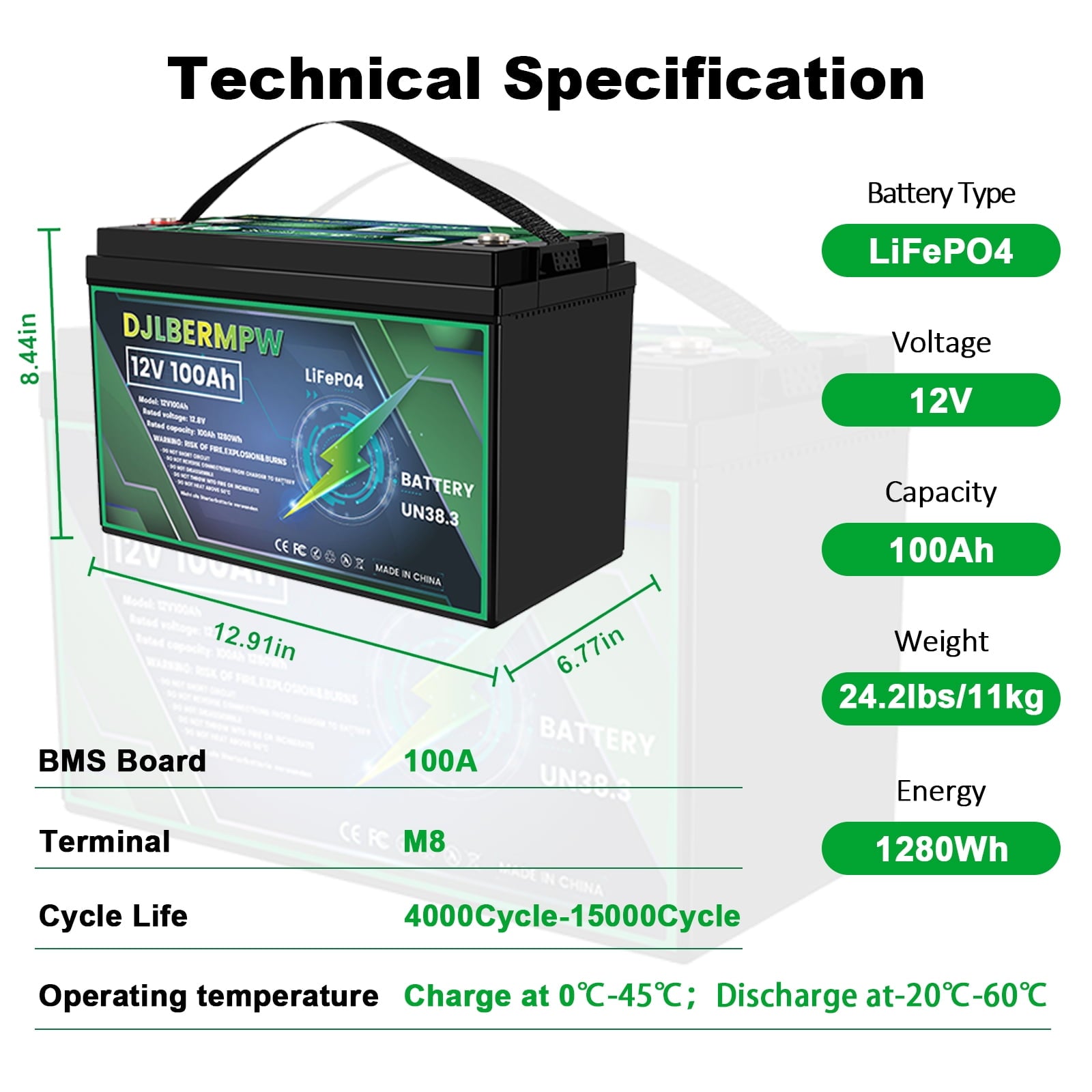 12V 100Ah LiFePO4 Lithium Battery Group 31, DJLBERMPW 12.8V Deep Cycle Battery 100A Smart BMS for RV, Marine, Trolling Motor, Solar System