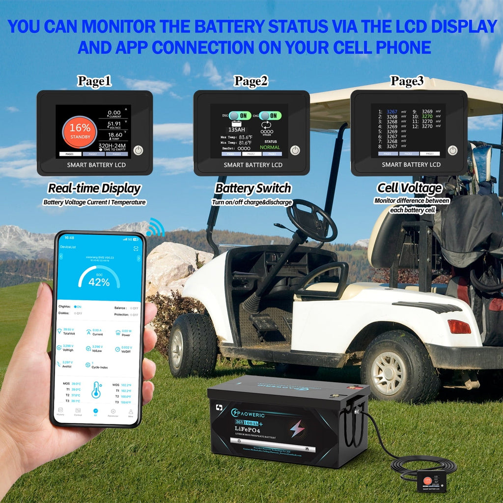 Paoweric 48V 100Ah LiFePO4 Lithium Golf Cart Battery with Charger, Perfect for Golf Cart, Trolling Motor