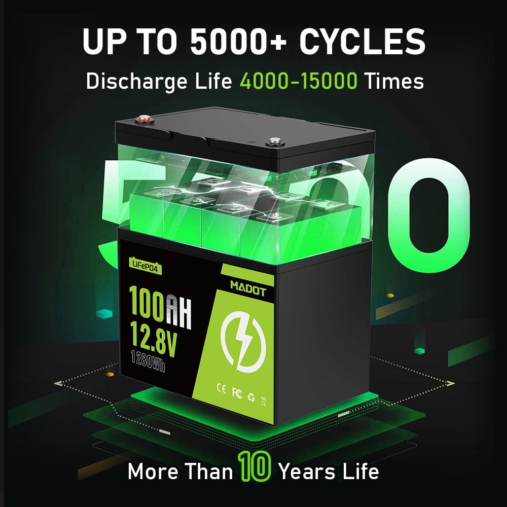 12V 100Ah LiFePO4 Lithium Battery, BCI Group 24 Deep Cycle Solar Battery with Low-Temp Protection, 100A BMS, 1280Wh, 15000 Cycles for RV, Marine, Trolling Motor,, Solar Use