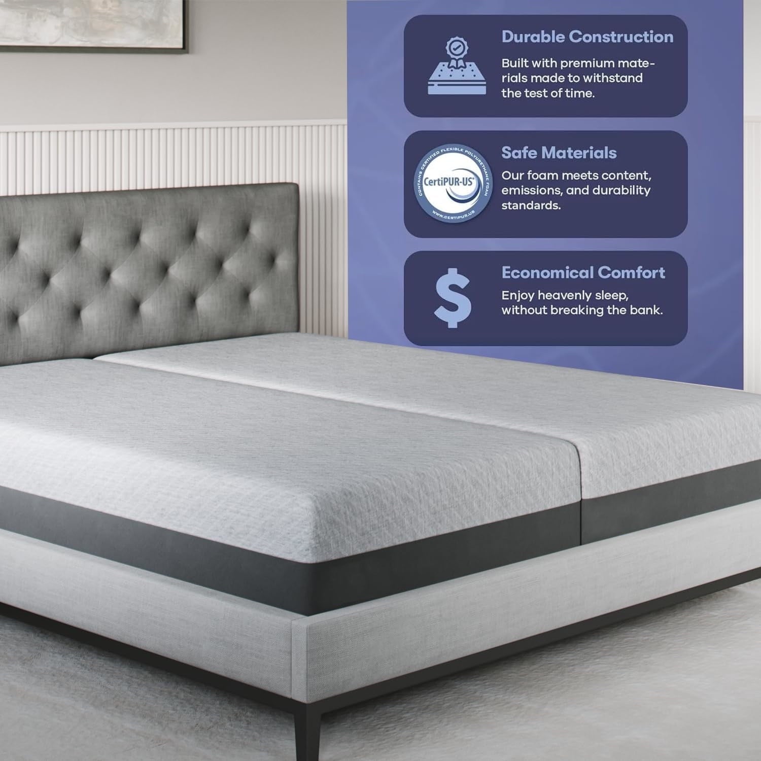 Celestial Sleep Gel Memory Foam Mattress in a Box, Made in The USA, CertiPUR-US, Oeko-Tex, and Fiberglass-Free Certified Bed, 12 inch Medium Soft - Split King