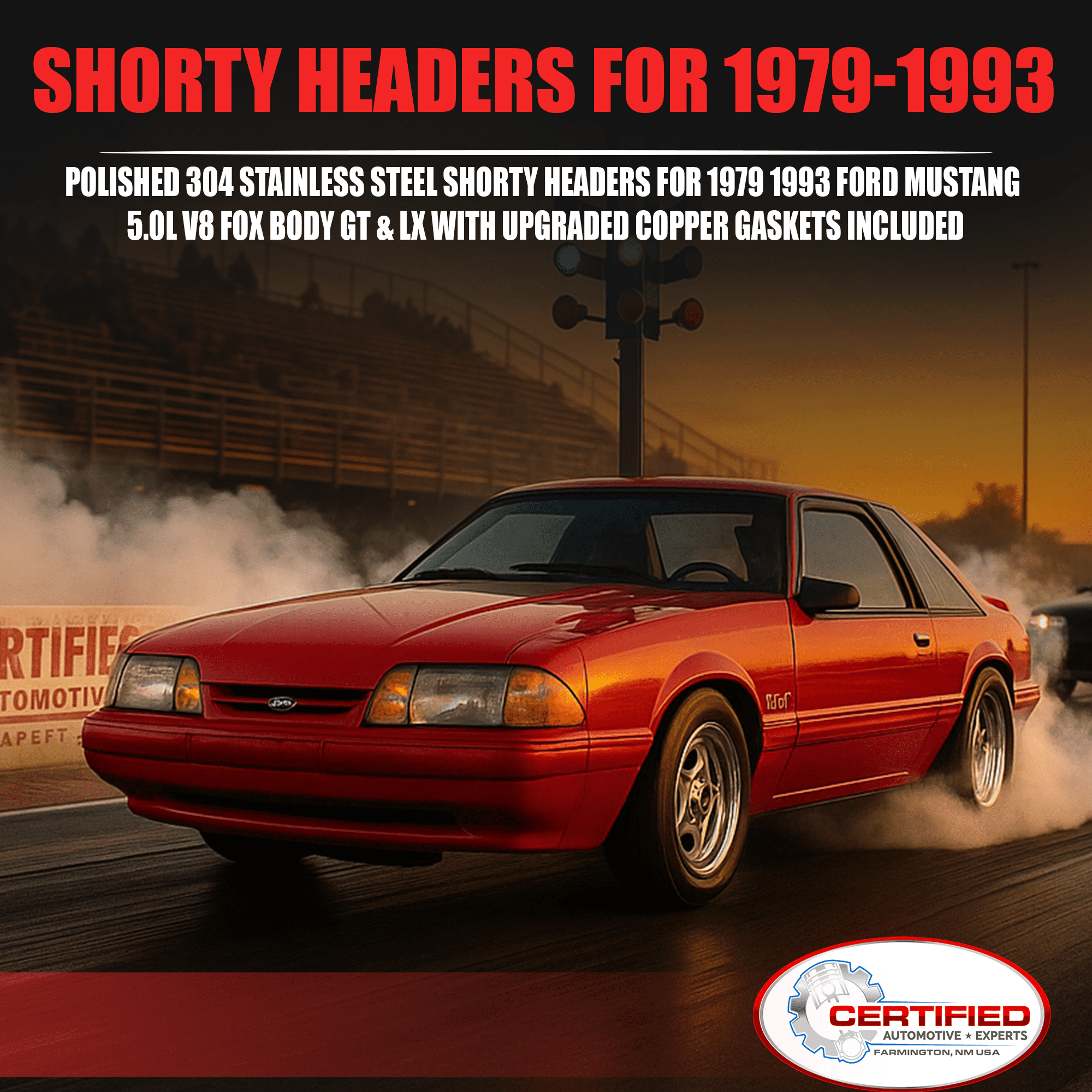 Polished 304 Stainless Steel Shorty Headers for 1979 1993 Ford Mustang 5.0L V8 Fox Body GT LX Upgraded Copper Gaskets Direct Bolt On Exhaust Manifold (Shorty Headers)