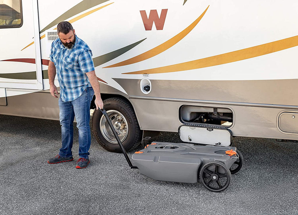 Camco Rhino Camper/RV Portable 28 Gallon Waste Tank, Steerable No-Flat Front Wheels & Built-In Gate Valve (39007)