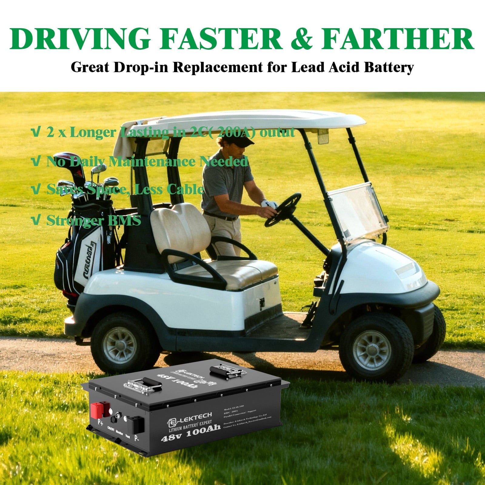 48V 100Ah Lithium Golf Cart Battery with Charger, Touch Monitor & Mobile APP, Built-in 200A BMS, Perfect for Golf Cart, RV, Solar