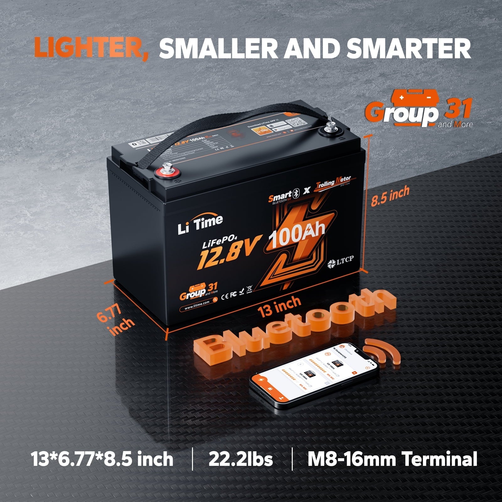 LiTime 12V 100Ah TM Bluetooth Lithium LiFePO4 Battery Low Temp Protection 1280W for Trolling Motor