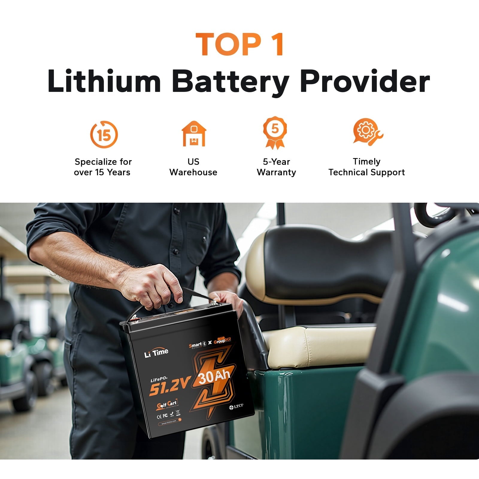LiTime 48V 30Ah  Golf Cart Lithium Battery Bluetooth 100A BMS 5.12kW Power GC2 LiFePO4 Battery