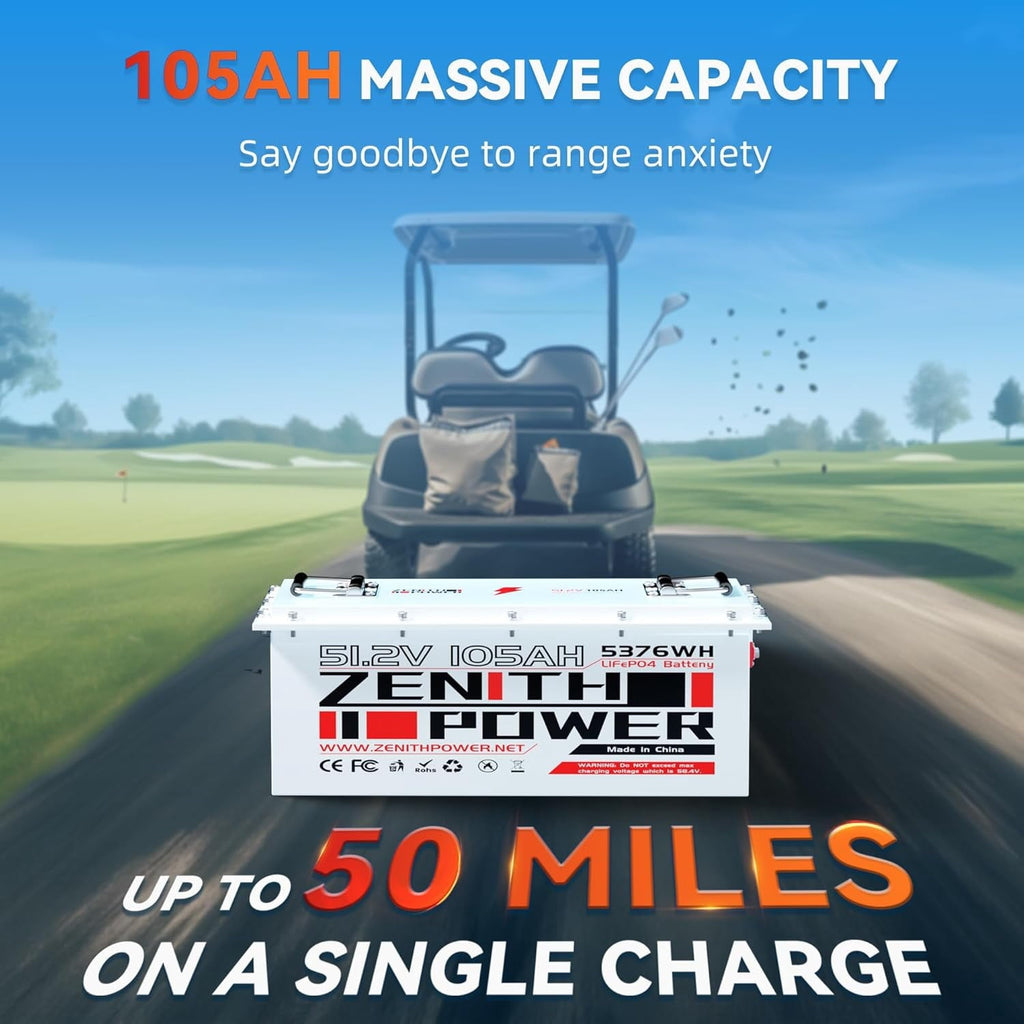 48V 105Ah LiFePO4 Golf Cart Lithium Battery, 200A BMS, 20A Charger, 4.3in LCD Display, 4000+ Deep Cycle Lithium Battery, Replacement for Lead-Acid in EZGO, Club Car, Yamaha