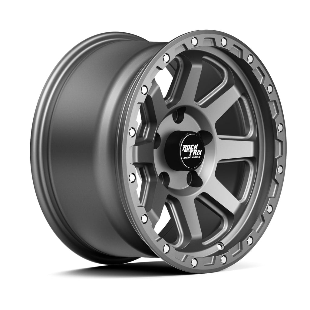 RockTrix RT116 17 inch Wheel Compatible with Jeep Wrangler JK JL 17x9 5x5 Wheels (-12mm Offset, 4.5in Backspace) 5x5 PCD, 71.5mm Bore, Gunmetal Gray Wheels, Also fits Gladiator JT Rims