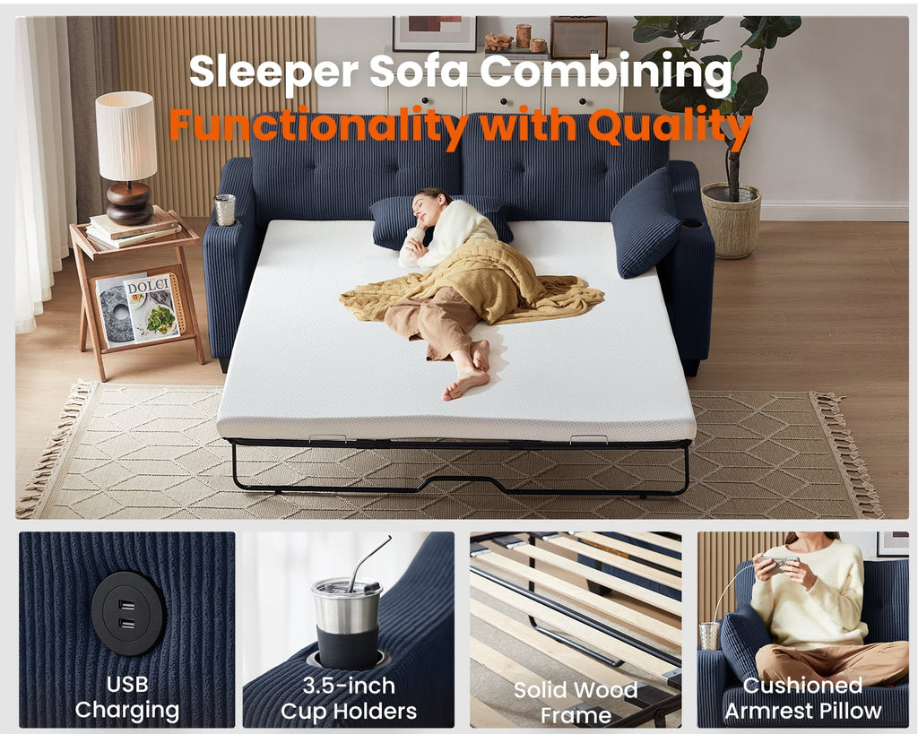 CHIC HOUSE Pull Out Sofa Bed Couch Queen Size with Mattress USB, Convertible Sleeper Sofa Loveseat for Small Spaces RV, Corduroy Pull Out Couch Bed for Living Room with Cup Holders LED Lights, Beige