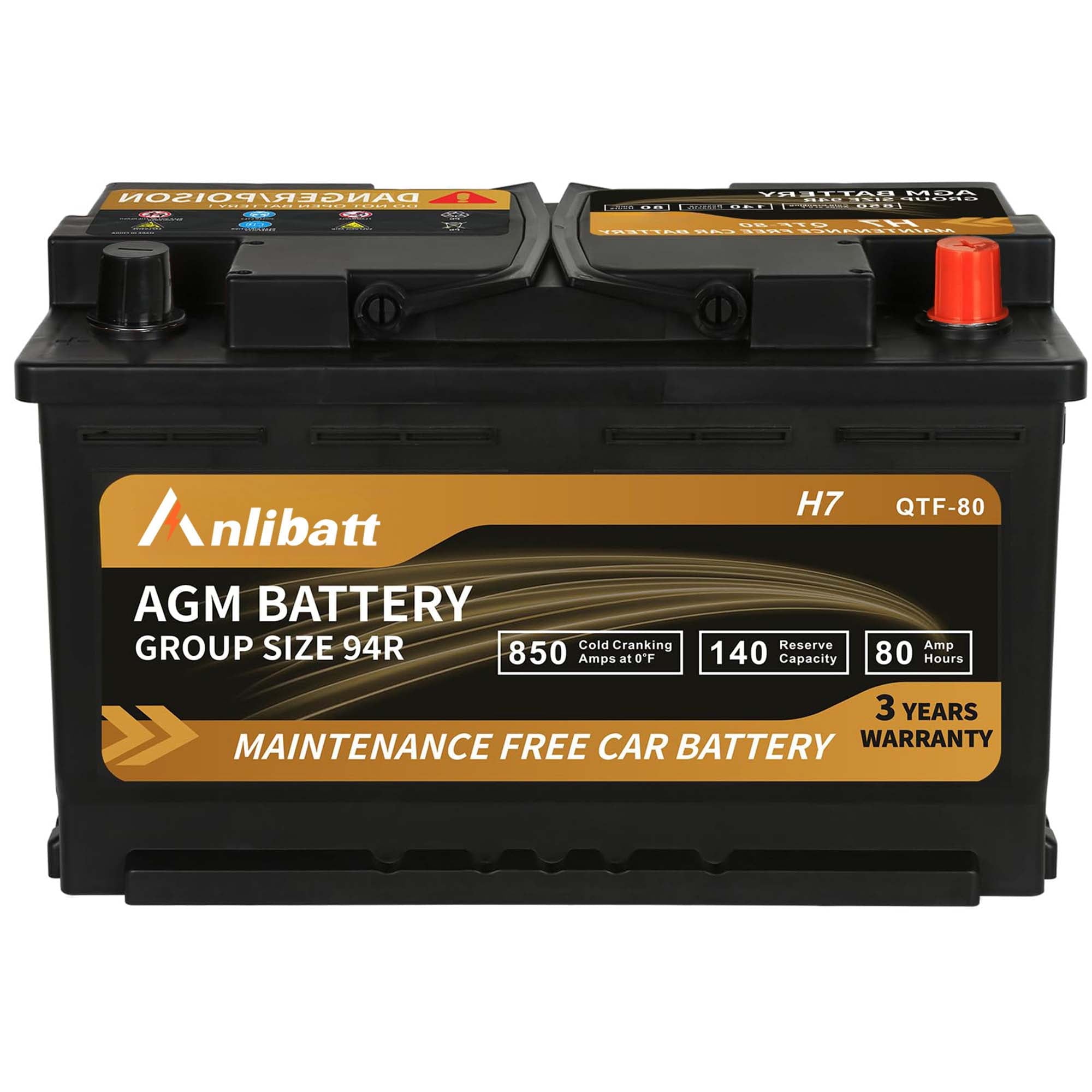 Anlibatt Platinum AGM Group 94R Battery, 12 Volt Rechargeable Automotive Batteries for Car, H7 850CCA 80Ah 140RC