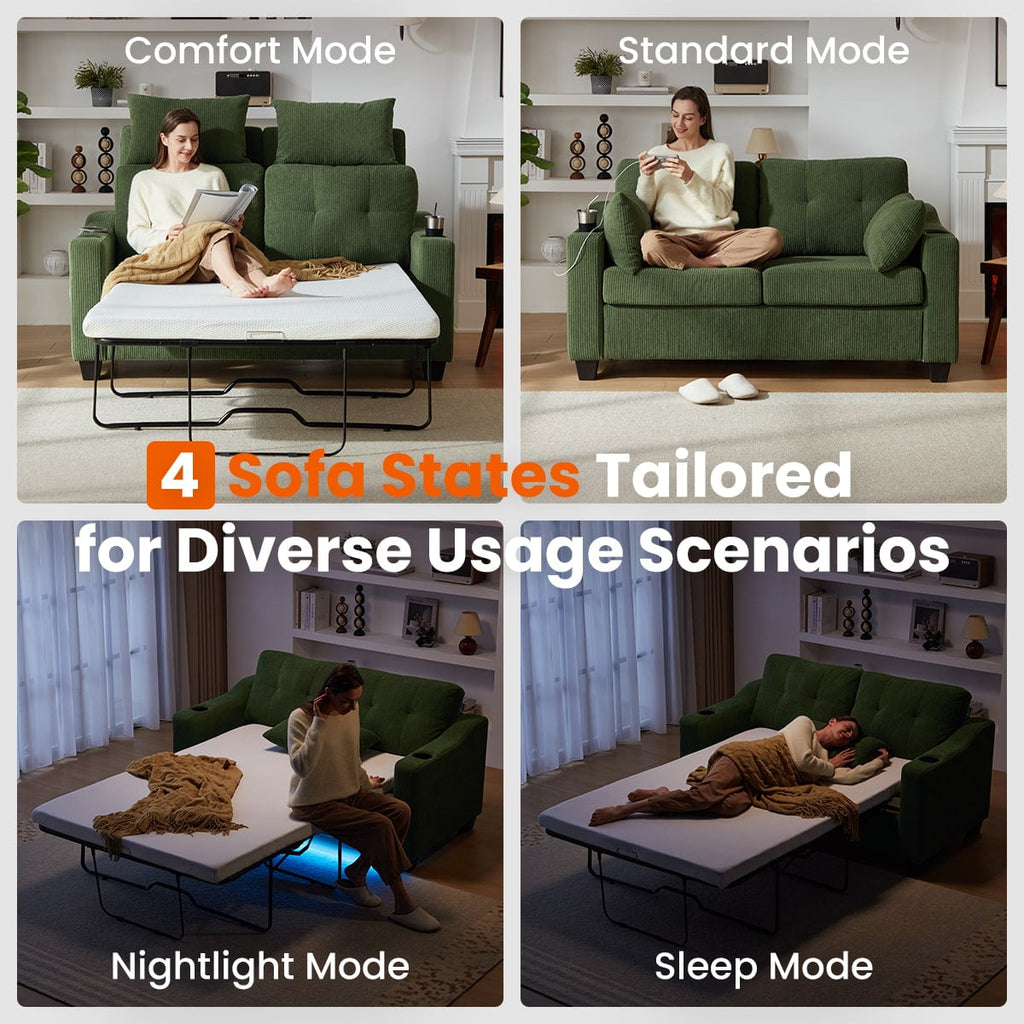 CHIC HOUSE Pull Out Sofa Bed Couch Queen Size with Mattress USB, Convertible Sleeper Sofa Loveseat for Small Spaces RV, Corduroy Pull Out Couch Bed for Living Room with Cup Holders LED Lights, Beige