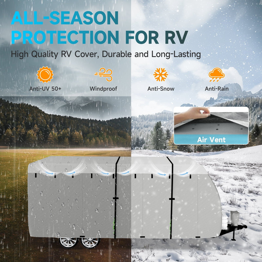 RV Cover for 35-38FT Travel Trailer, 7-Layers Top Camper Cover with Tongue Jack Cover/Windproof Straps/Gutter Covers and Other Accessories Kit