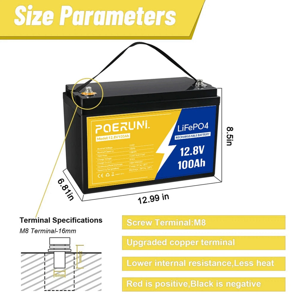 POERUNI 12V 100Ah LiFePO4 Battery Deep Cycle Lithium Iron for RV Solar System Camper