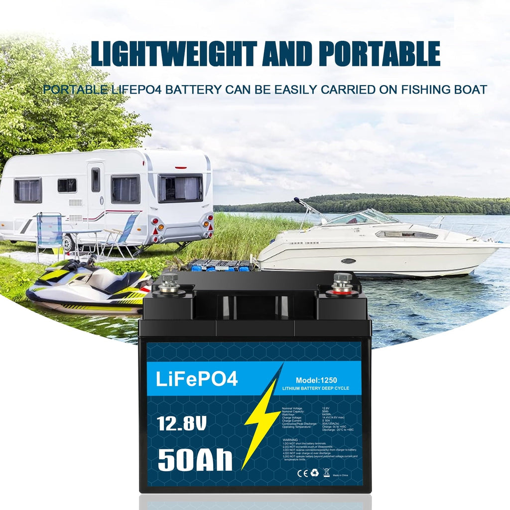 12V 50Ah LiFePO4 Lithium Battery with Smart BMS for RV, Solar, Trolling Motor