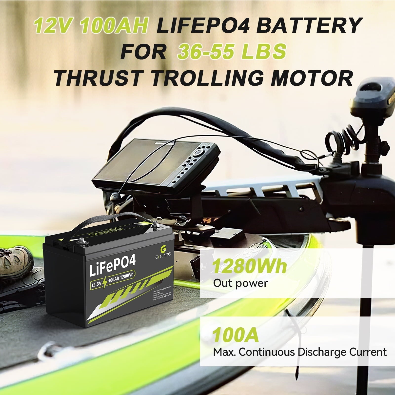 ‎GreenOE 12V 100Ah LiFePO4 Battery Group 31 with Built-in 100A BMS, 15000 Deep Cycles Rechargeable Lithium Battery Prefect for Solar System, Rvs, Marine, Vans, Trailer,Trolling Motor, Backup, 1 Pack
