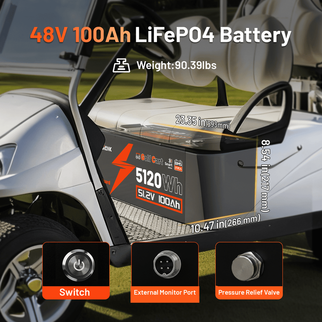 HumsiENK 48V 100Ah Lithium Golf Cart Battery Bluetooth, Cylindrical Cell & Metal Case, 15000+ Cycles Golf Cart LiFePO4 Battery, 200A BMS with Low-Temp Protection for Golf Cart, Solar, RV, Off-Grid