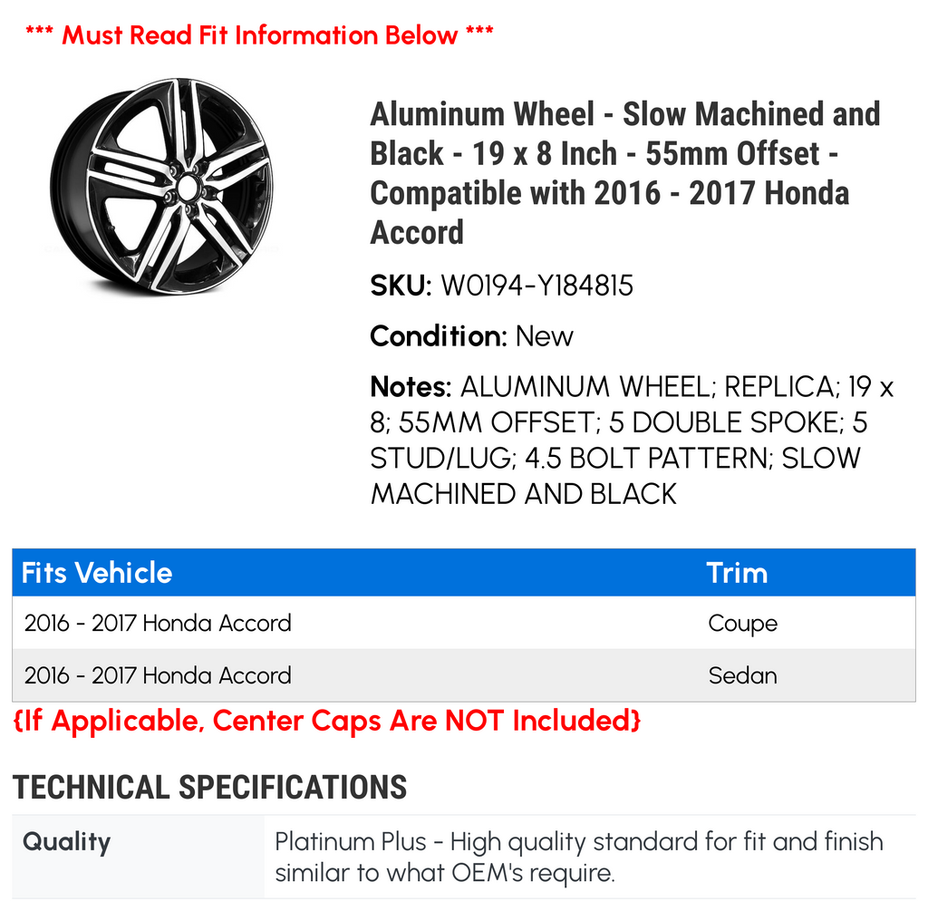 Aluminum Wheel - Slow Machined and Black - 19 x 8 Inch - 55mm Offset - Compatible with 2016 - 2017 Honda Accord