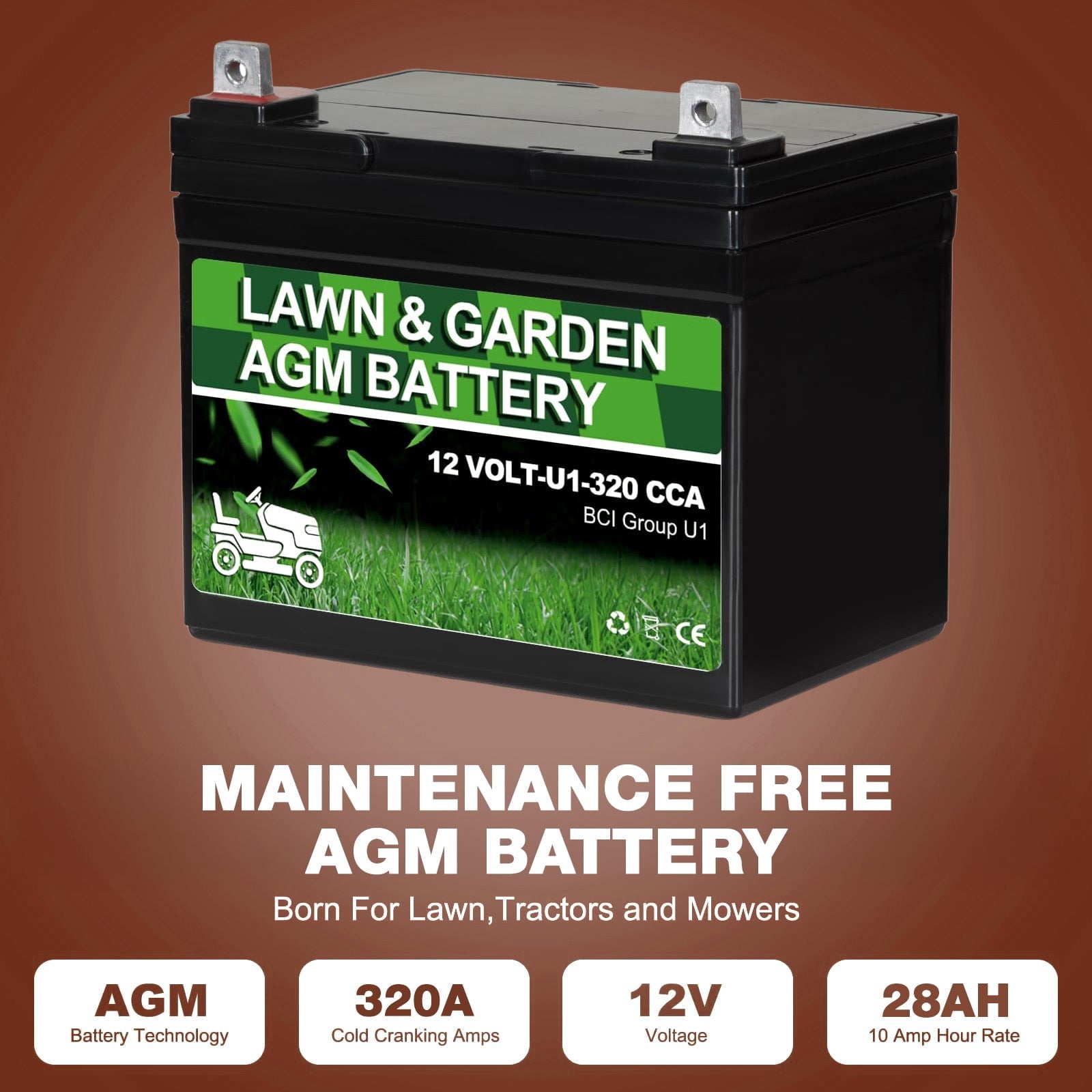 ANLIBATT Lawn Mower Battery AGM Group Size U1 12 Volt 320 CCA BMS Sealed Lead Acid Batteries for John Deere Cub Cadet Garden Tractor Lawnmower