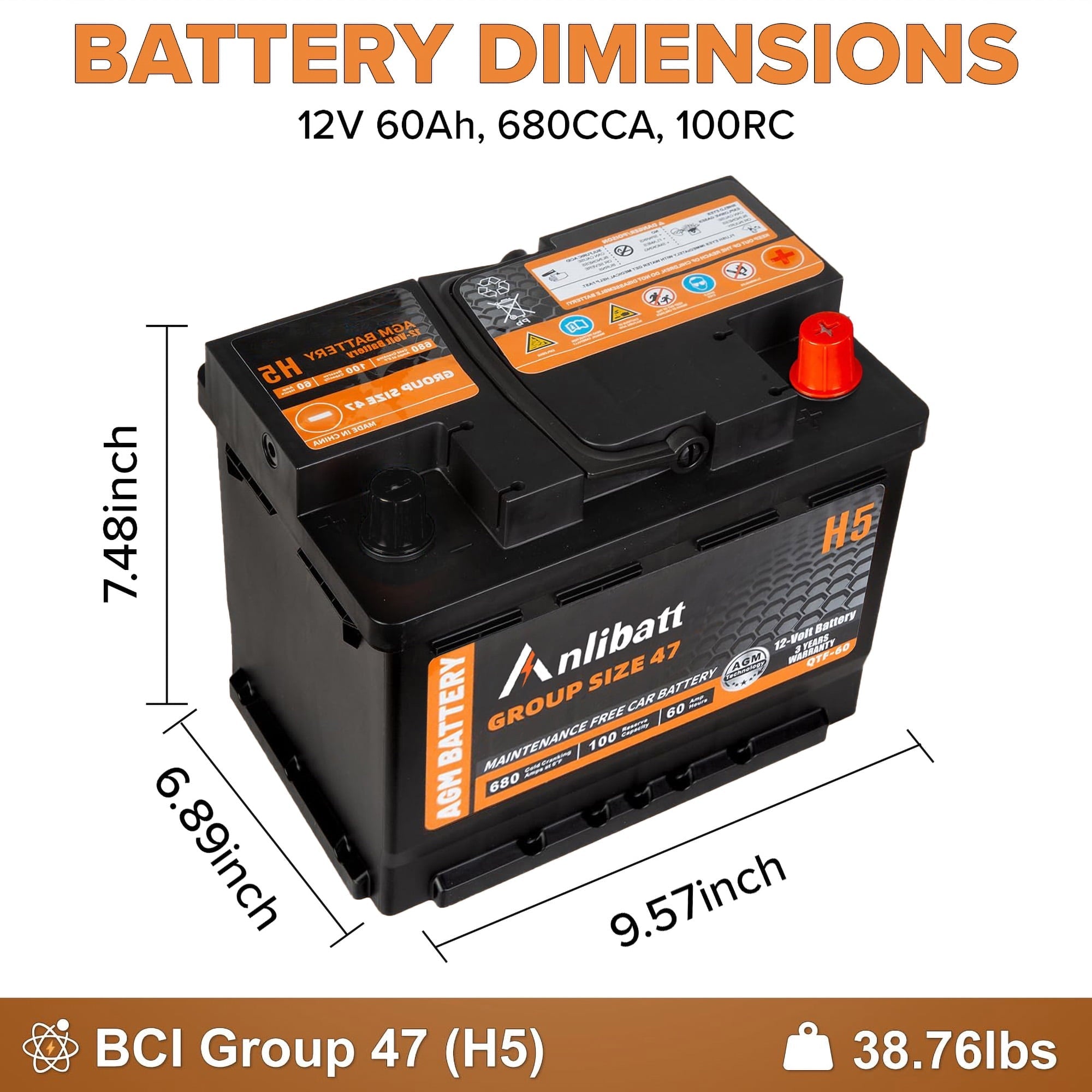 Anlibatt BCI Group 49 Battery, AGM 12 Volt Rechargeable Automotive Batteries for Car, H8 900CCA 95Ah 160RC Maintenance Free
