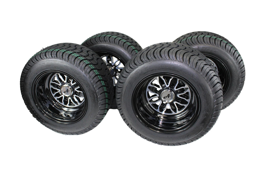 (New) Antego 205/50-10 with 10x7 Fusion Glossy Black Wheels for Golf Cart (Set of 4)