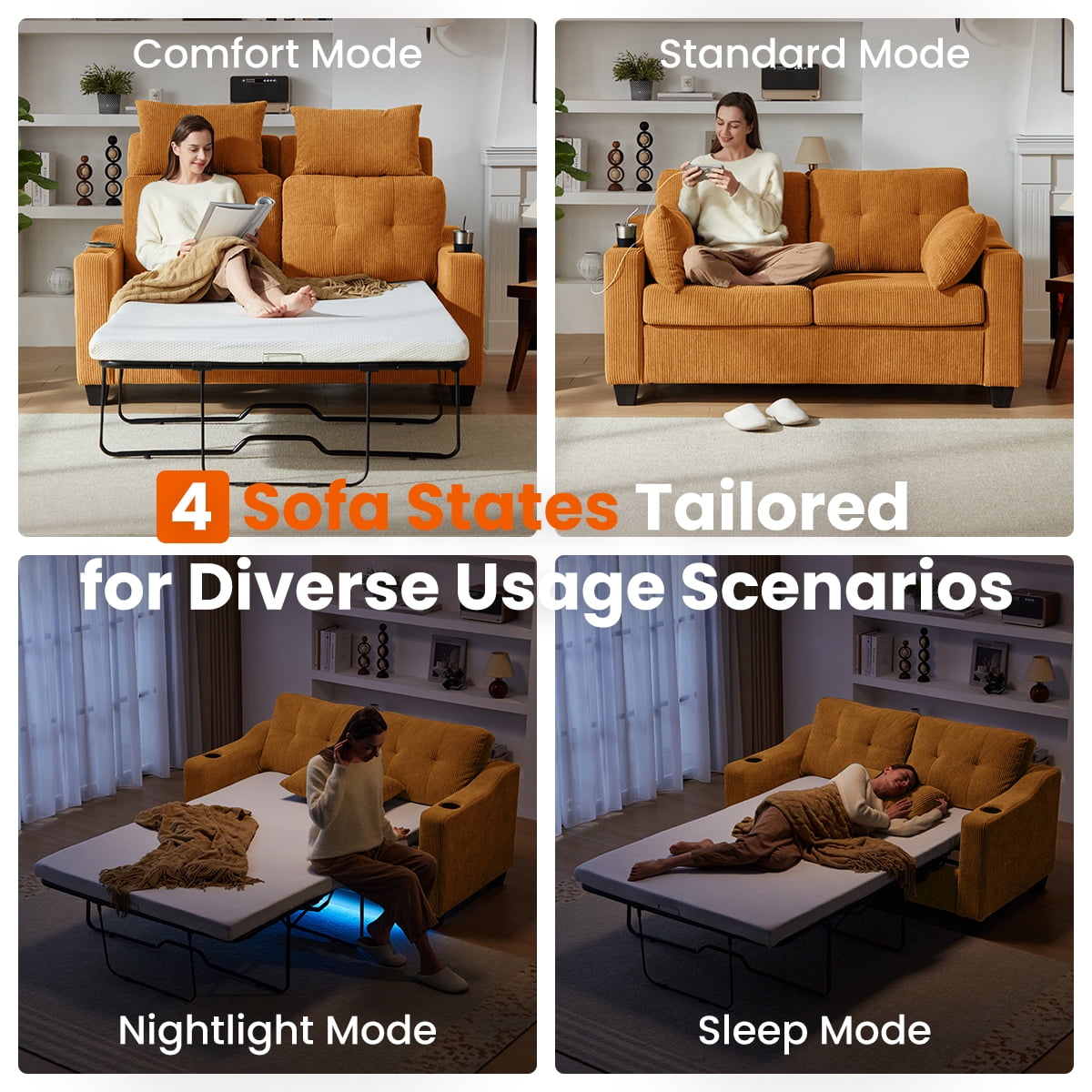 CHIC HOUSE Pull Out Sofa Bed Couch Queen Size with Mattress USB, Convertible Sleeper Sofa Loveseat for Small Spaces RV, Corduroy Pull Out Couch Bed for Living Room with Cup Holders LED Lights, Beige