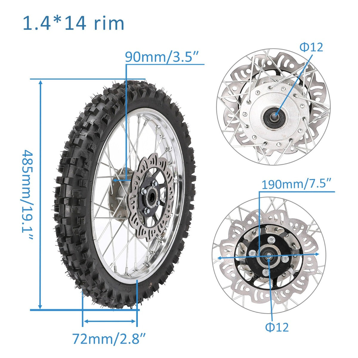 14 12 Complete Wheels Combo Front 60/100-14 + Rear 80/100-12 Wheel Rim 12mm Bearing + 420 Sprocket + Disc Brake Assembly for Dirt Pit Bike SSR Apollo Coolster 110cc 125cc XR70 KX65